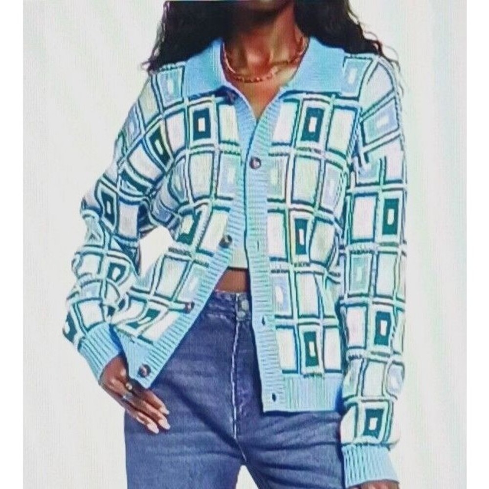 BP. Geo Pattern Retro Cotton Chunky Oversized Cardigan Sz M Blue Green Squares